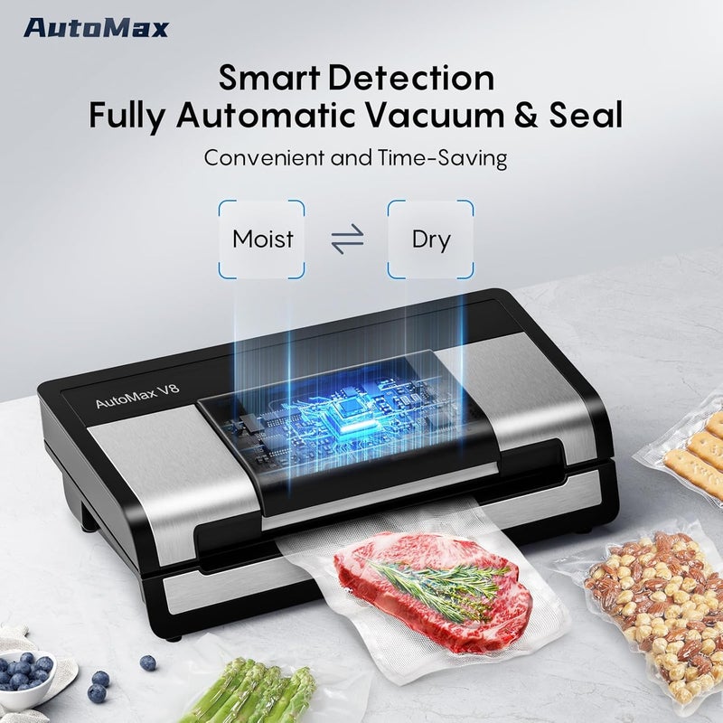 Fresko Fully Automatic Vacuum Sealer, 95Kpa Powerful Food Vacuum Sealer Machine, Auto Dry-Wet Detection | Bag Cutter | 2 Rolls Bags & 100 Pcs Precut Bags | Effortless Operation, Silver - Black - Image 4